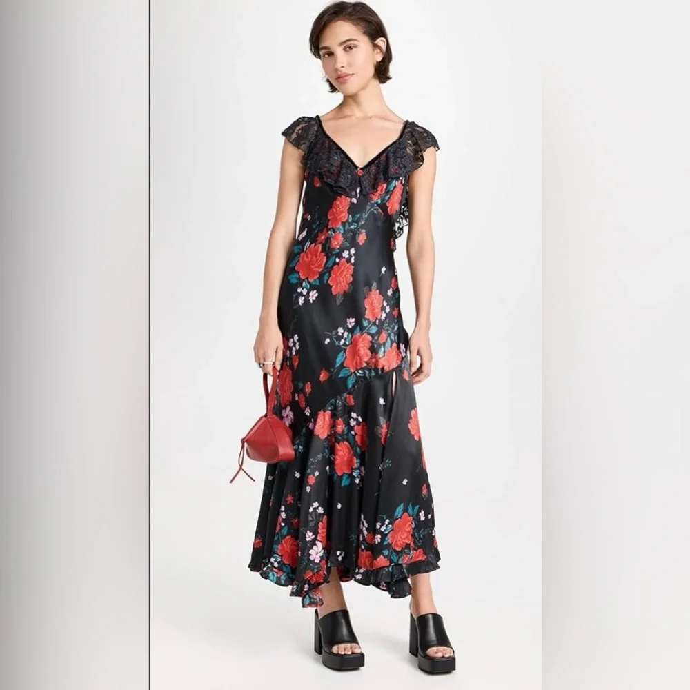 Free People Warm Hearts Midi Dress Black & Red Floral Satin Small NWOT